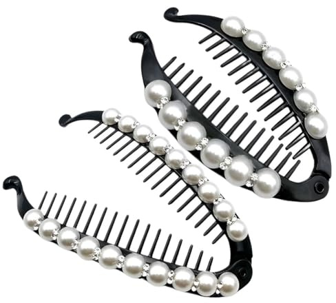 Paquete de 2 pinzas para el cabello de plátano con diamantes de perlas, pinzas para el cabello redondas de plátano, pinzas para el cabello con diamantes de perlas para mujeres, medianas/grandes
