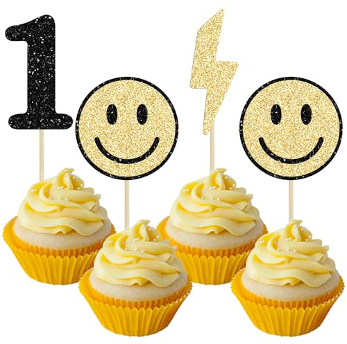 Ephlyn 24Pcs One Happy Dude Cupcake Toppers Smile Face Cupcake Topper Decorations One Happy Dude Birthday Decorations for Kids 1st Birthday Decorations