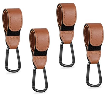 FUIPVGI 4 Pièces Crochets Poussettes, Styl Cuir Crochet Multifonction pour Poussette, Mousqueton Poussette, Attache Sac Langer Poussette, Accessoire Poussette pour Enfant (Brun)