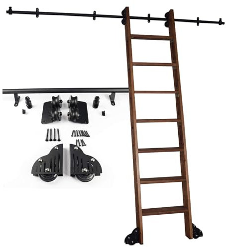 AYVADA Rollbares Bibliotheksleiter-Hardware-Kit, Bibliotheksleiter-Schienen-Kit mit Rädern, Mehrzweck-Schienen-Kit für Lofttreppen/Bücherregale, 3,3-24 Fuß schwarzes rostfreies Schienen-Kit (ohne L