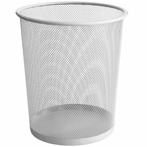 TECHZOCO Papelera Malla Metalica, Cesto basura redondo metálico, Papelera oficina, Cubo de Basura, Papelera Escritorio, Papelera Baño, 26.5 cm alto x 23.5 cm diámetro, 12 Litros, Blanco