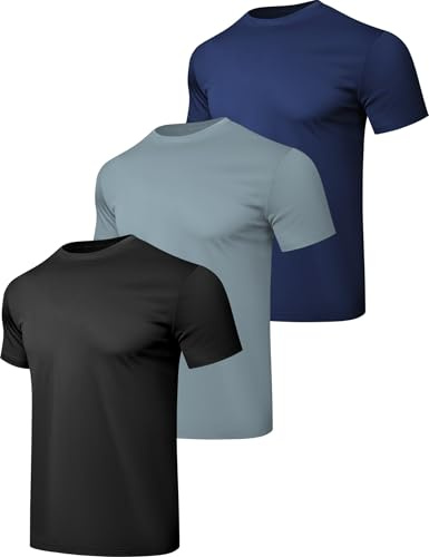HovSiyla 3 Pack Running T Shirts Men Sport Tops Dry Fit Moisture Wicking Athletic Breathable Short Sleeve Workout Shirts Black Grey Navy Large