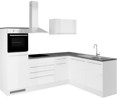 Jazz 6 Cuisine d'angle Moderne sans appareils électriques en Blanc Brillant, Gris métallisé – Kitchenette spacieuse en Forme de L avec Beaucoup d'espace de Rangement – 260 x 200 x 60 cm (l x H x P)