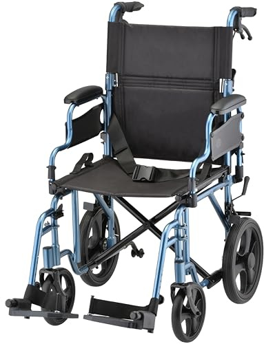 NOVA Transport Chair – Lightweight Folding Aluminum Wheelchair with Flip-Up Arms, Locking Handbrakes, 8” & 12” All-Terrain Wheels – Collapsible Travel Chair for Adults up to 300 lbs - Blue