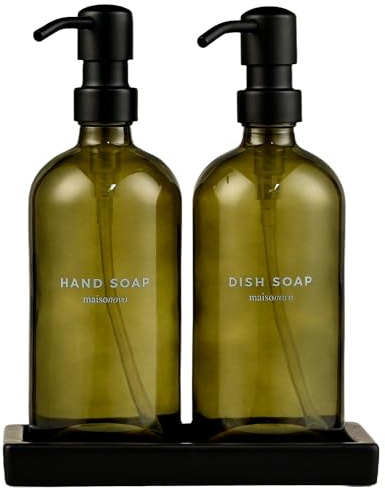 MaisoNovo Dispensador Jabon Cocina Encimera Juego De 2-500ml Cristal Dosificador Jabon Cocina - 2 x Verde Botellas De Cristal con De Negro Bombas, Bandeja de Cerámica, Impermeable Etiquetas