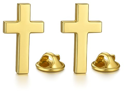 Set mit zwei Anstecknadeln, christliches Kreuz, goldfarben, Lasergravur auf der Rückseite, katholische Jesus-Pin, 3D, goldfarben, religiöse Anstecknadel, Brosche für Damen und Herren, Unique, Zink