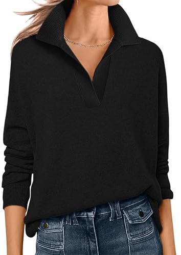 ANRABESS Womens Polo V Neck Long Sleeve Sweaters Lightweight Dressy Casual Business Basic Knit Pullover Top 2025 Fall Outfits Black Medium
