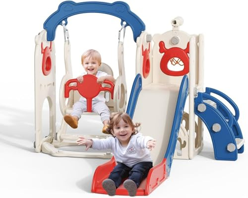 Scivolo per bambini, grande con cestino da basket, telaio da arrampicata per giardino, telescopio, spazio (scivolo 6 in 1 con alce, altalena, blu e rosso)
