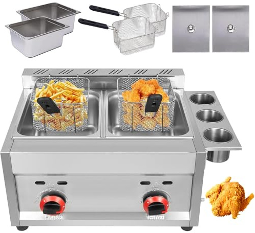 20L Friteuse À Gaz Professionnelle Avec Contrôle De Température, Acier Inoxydable De Comptoir Friteuse De Cuisine, Friteuse Double Cuve, Avec 2 Paniers Et Couvercle, Pour Le Restaurant