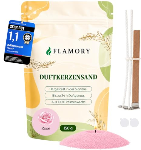 Flamory Kerzensand mit Duft Rose 150g, inkl. 3 Dochte, 24h Brennzeit