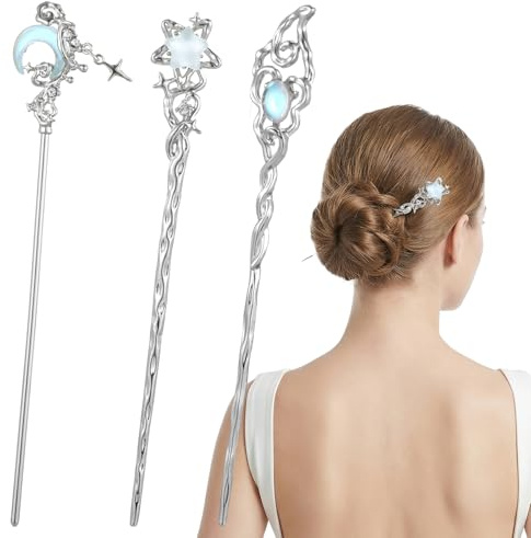 3 st stjärnmåne hårpinnar för hårbullar långt hår, vintage asiatisk japansk kinesisk Hanfu chignon hårnålar ätpinnar metall hårbullar updo hållare hårnålar för kvinnor flickor