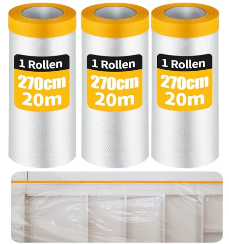 QKJEM 60M Abklebeband Maler Abdeckfolie mit Klebeband Abklebeband mit Folie | 3 Rollen 270 cm X 20 M Malerkrepp Geeignet zum Schutz von Böden Möbeln Türen Fenstern Wänden Bei Renovierungs Malerarbeiten