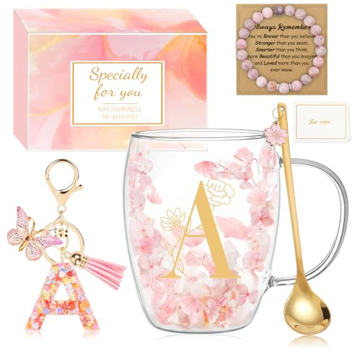 MOTONG Birthday Gifts for Women Glass Coffee Mug, Double Wall Espresso Tea Cups with Letter A Printing, Personalised Gifts for Women Ladies Christmas Valentine's Day Mother's Day with Spoon Bracelet