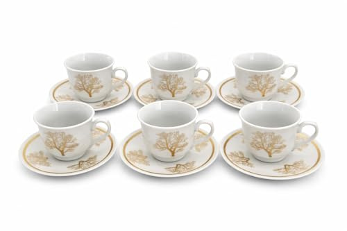 Juego de tazas de café espresso para 6 personas, cerámica blanca con decoración dorada, 70 ml, con platillos, juego de tazas de café turco moca