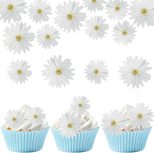 ALLAVA 65 Pcs Daisy Cupcake Toppers, Edible Flowers for Cakes, White Daisy Cupcake Decorations, Edible Flowers Cake Decorations 2 Size, Wafer Paper Cake Toppers for Wedding, Birthday, Anniversary