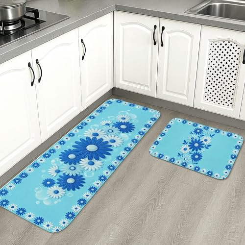 Tapetes de cocina florales para piso, tapetes suaves vintage de crisantemo azul, acolchados con resorte, cómodos, lavables, para fregaderos de cocina, lavadero, baño, 2 unidades