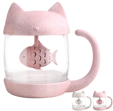 Tazza gatto da tè in vetro con filtro infusore a forma di pesce, 250ML (8OZ)