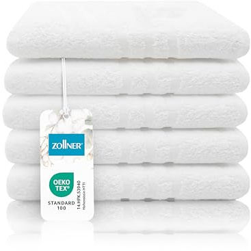ZOLLNER 5 teli doccia XXL in 100x150 cm - asciugamano da bagno morbidi in cotone - con bordatura elegante a righe - lavabili a 60°C - con pratico gancetto - bianco - in qualità alberghiera