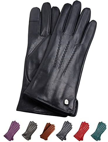 AKAROA ESTD 2019 Lederhandschuhe Damen ANN, Touchscreen Funktion, italienisches Leder, recyceltes Strickfutter aus 50% Kaschmir und 50% Wolle, 4 Größen S - XL