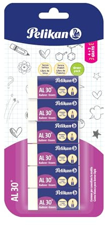 Pelikan Gomme da Cancellare, AL 30, Gomma Bianca, per Matite in Grafite, Disegno Tecnico e Artistico, Adatta ai Bambini, Confezione da 6 Pezzi, Dimensione 43x17x12mm