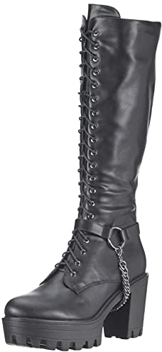 Only maker Damen Plateau Stiefel Reißverschluss Langschaft Schuhe mit Metall Ketten Kunstleder Schwarz 38 EU