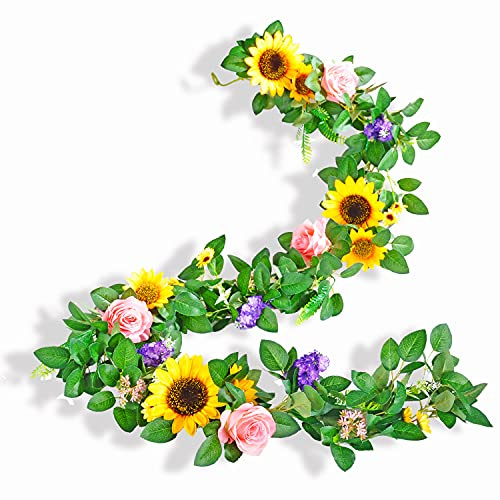 Naidiler Artificial Flower Garland, Sunflower & Rose Vines, Boho Wedding & Birthday Decor, 6ft Straight, Pink & Yellow, Fabric & Plastic