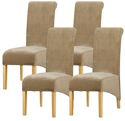 Leorate Velvet Dining Chair Covers: Thick High Back Velvet Chair Slipcovers Stretch Fabrics Cover For Large Chair Washable Removable Chair Cover For Home Decor (Pack of 4, Camel)