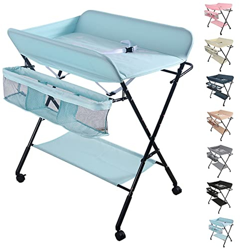 Wickeltisch klappbar, Wickelkommode mit Auflage, platzsparend & mobilSicherheitsgurt und 4 Rollen mit Bremse, 74 x 63 x 92-98 cm, Farbwahl (blau)
