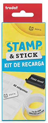 Trodat Kit de recarga para Sello Stamp and Stick – con 40 etiquetas resistentes al agua, 1 m cinta adherible para ropa y 1 cartucho tinta textil negra