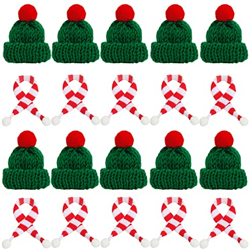 20 Stück Mini Weihnachtsmütze, Kleine Weihnachtsmütze und Schal Set, Mini-Strickmütze des Weihnachten, Nikolausmütze Klein für Weihnachten Weinflasche Abdeckung, Puppenhaus, Weihnachtsfeiern