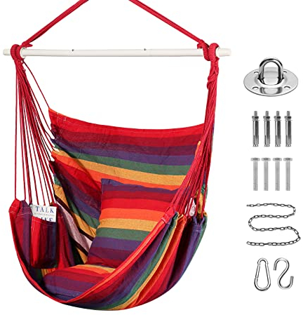 Goutime Schaukel Stuhl Große Hängematte Stuhl Weiche Baumwolle mit 2 Sitzkissen Kissen mit Tragetasche Hängeschaukel Outdoor & Indoor,Hängesitz für Erwachsene & Kinder bis 330Lbs (Regenbogen)