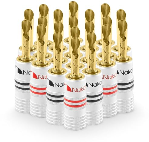Nakamichi GrubLock Excel Series 24k Gold Plated BFA Banana Plugs, 10-18 AWG | Gauge Size 4mm for Speakers Amplifier Stereo Home Theatre Audio Receiver Radio Wire Cable Screw Connector, 20 Pcs (10-Pairs)