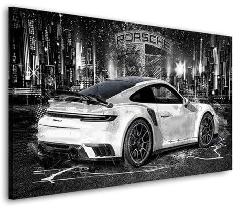 Kunstgestalten24 Leinwandbild Porsche 911 Turbo Weiss Abstrakt Wandbild Kunstdruck Bild Büro Dekoration Wanddeko Leinwand Kunstdruck Wohnzimmerbilder Modern