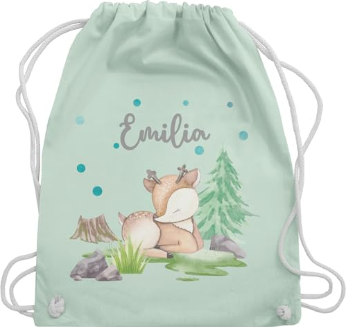 Turnbeutel Rucksack - Reh mit Name personalisiert I Rehlein I Rehkitz I Waldtier - Unisize - Pastell Grün - kindergarten kindergartenrucksack tier waldtiere beutel tasche für kita tiere