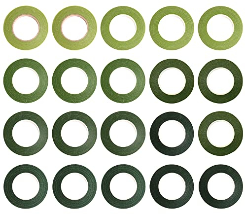 ZAKHSE Floristenband Grün, 20 Rollen Floristenkrepp, 12mm Breite Blumenband Selbstklebend Flora Kreppband, 600 Yards Blumen Stiel Klebebänder Blumendraht Wickelband Blumenarrangement DIY Zubehör