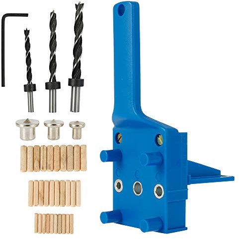 41Pcs Gabarit de Percage Tourillon Guide de Perçage Chevilles Bois avec Butée Parallèle Kit de Gabarit de Goujonnage avec Centreur Tourillon 6 mm/8 mm /10mm pour Goujon en Bois à Main(41Pcs,Bleu)