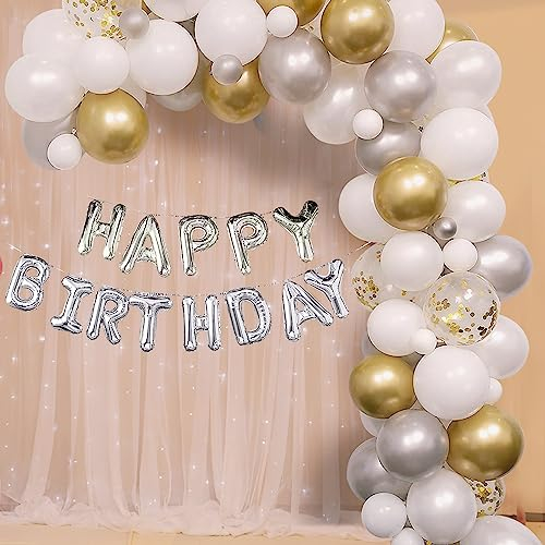 WedDecor Ballongirlanden-Set, Metallic Gold Silber Weiß & Gold Konfetti Ballon Arch Kit, 13 Buchstaben Happy Birthday Folienballon-Banner für Geburtstagsparty-Dekoration, 163 Stück
