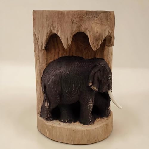 Kinaree Baumstamm Schnitzerei Elefant Holz – Handgefertigte Deko Figur aus Massivholz mit schwarzem Finish – Asiatische Skulptur Thailand Stil