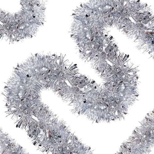 3 PCS Christmas Tinsel Garland for Tree & Home - 6M, Shiny Chunky Metallic Hanging Decoration for Tree, Wreath, Wedding & Party Supplies (Silver)