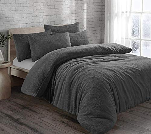 LIZZIE JACOBS Teddy Fleece Luxurious Duvet Cover Sets Super Soft Warm Cosy Sherpa Fleece WInter Quilt Cover Sets Reversible Bedding Sets (Double, Charcoal), GCTSFB-14