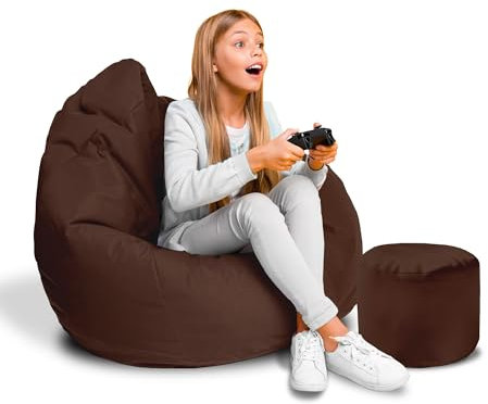 DreamRoots Sitzsack für Kinder und Erwachsene - Sitzsack mit Füllung, Lehne, Hocker und Bezug - Oxford Stoff 220 gr/m2 Wasserdicht - Sitzkissen Boden - Chill Sack S, Braun