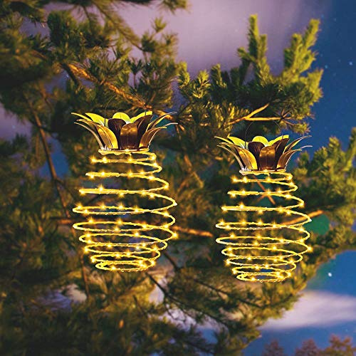 Solar-Laternen Zum Aufhängen, 2 Stück, Wasserdichte Hängeleuchten für Den Außenbereich, Solar-LED-Kupferdrahtlampe, Ananas-Laternen für Den Außenbereich, Innenhof, Veranda, Garten,(2 STÜCK)