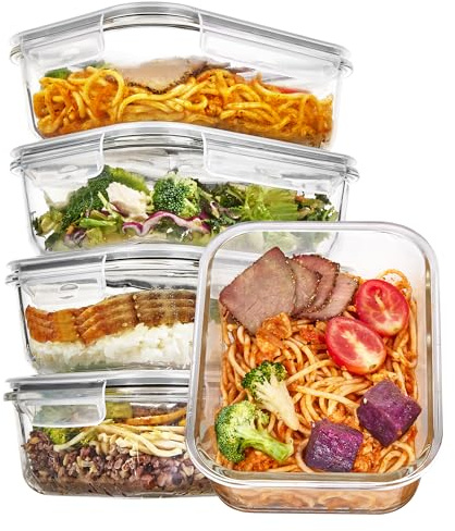 Vtopmart 5 Pack 35oz Glass Food Storage Containers with Lids, Meal Prep Containers, Airtight Reusable Lunch Container Set, Safe for Oven, Microwave, Freezer, and Dishwasher, Grey