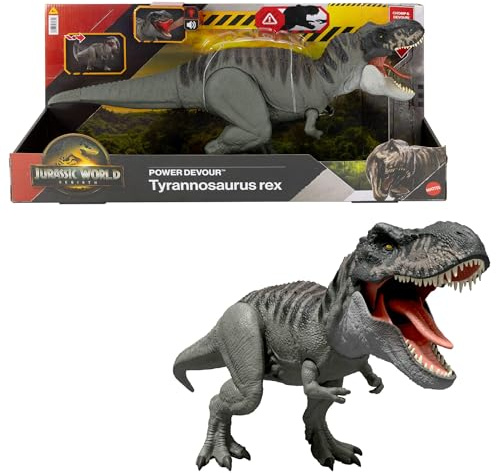 Mattel Jurassic World: Die Wiedergeburt Power-Fresser Tyrannosaurus Rex Dinosaurierfigur – mit zungenaktivierter Beiß-Attacke, Licht & Sound, digitalem Spielspaß, JGB50