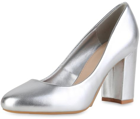VAN HILL Damen Klassische Pumps Blockabsatz Basic Klassisch Schuhe 216212 Silber 37