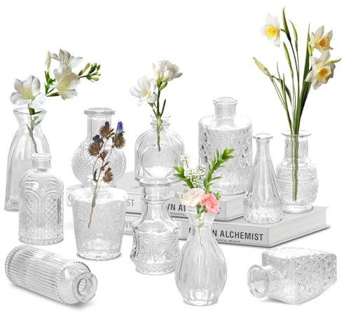 YSWOVUO Kleine Vasen für Tischdekoration, 12 Stück Vintage Blumenvasen Deko Vasen für Zuhause, Hochzeit, Tafelaufsatz, Party, Wohnzimmer, Geburtstag, Party