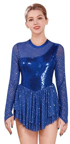 ODASDO Figure Skating Dress for Women Ice Skating Costumes Teenager Girls Mesh Long Sleeve Sparkly Rhinestones Sequin Skirted Leotard Gymnastics Competition Ballet Outfit Dancewear Royal Blue S