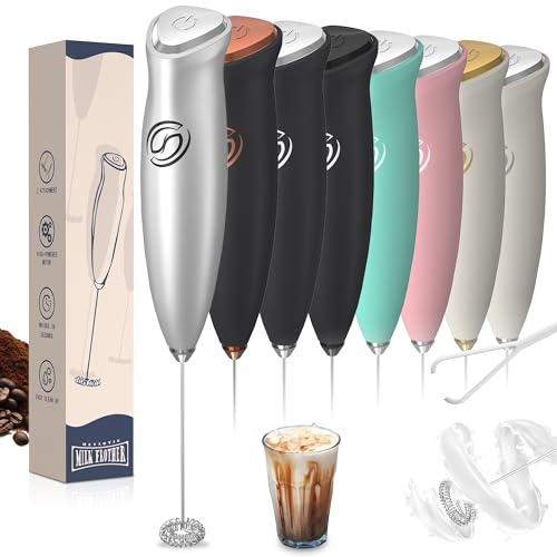 Heylotie Milk Frother Wand Coffee Frother Handheld Drink Mixer Handheld with 2 Whisks Electric Whisk Stirrers Electric Milk Frother for Coffee Mixer Wand Milk Foamer-Silver