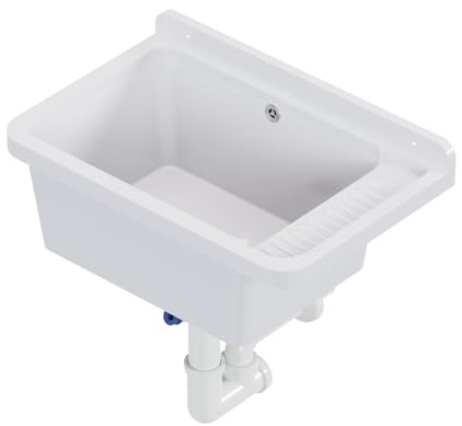 QLS Ausgussbecken 50,8x33,8 cm mit Siphon und Monatgeset Polypropylen Weiß | Für Garage, Werkstatt und Waschküche, hitzebeständig, pflegeleicht, für Innen- und Außenbereich, inkl. Montageset