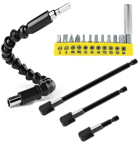 jinminamz 16 Pezzi Trapano Mandrino Avvitatore Angolare Kit，Con 3 Aste Di Collegamento a Cappuccio Nero e Con Testa Di Cacciavite Curva Multifunzionale Per Trapani Elettrici Da Garage